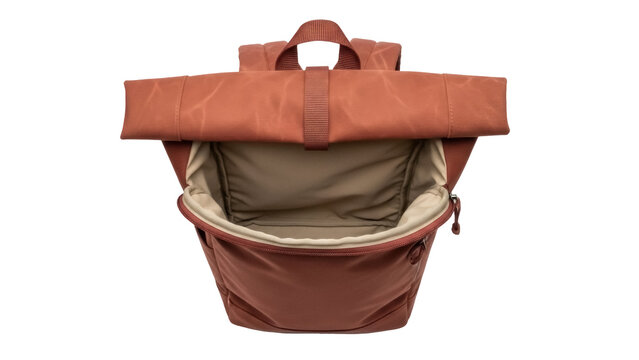 Isolated fashionable open rucksack, modern stylish brown roll top backpack for everyday use