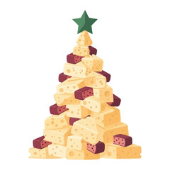 A whimsical Christmas tree made entirely of various cheese blocks, topped with a green star, on a white background.