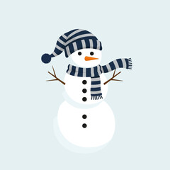 A cute cartoon snowman wearing a blue and white striped hat and scarf, with a carrot nose and stick arms, on a light blue background.