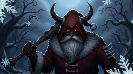 Dark fantasy depiction of krampus the evil santa claus with glowing red eyes. Mythical monster with horns holding a club in a snowy forest for a horror holiday theme