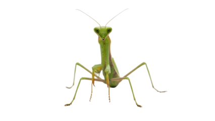 Isolated Praying Mantis standing erect, staring at the camera with a threatening expression