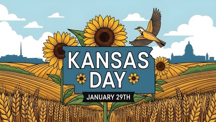 Colorful Kansas Day illustration featuring sunflowers, golden wheat fields, blue sky, and rural landscape elements to celebrate Kansas Day on January 29th.