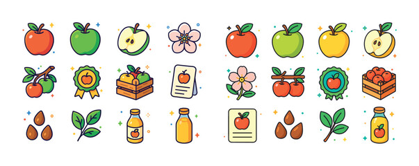 Fototapeta premium Colorful apple and cider icons with leaves, flowers, and crates