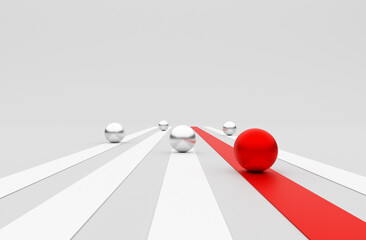 Red ball leading the race passing silver balls on white tracks