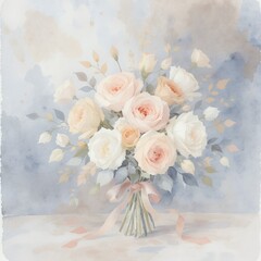 Fototapeta premium Delicate watercolor floral bouquet featuring soft pastel roses and leaves, tied with a ribbon, for a wedding invitation concept or elegant celebration