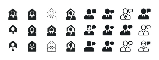 Set of businessperson icons in various styles including remote w