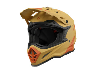 Isolated, yellow and orange full-face motocross helmet on no background for extreme sports use