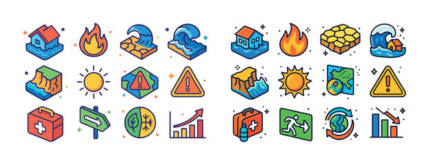 Environmental disaster icons: flood, fire, erosion, earthquake,