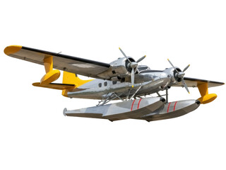 Isolated vintage seaplane with twin engines and pontoon landing gear over water with red stripes © Fried