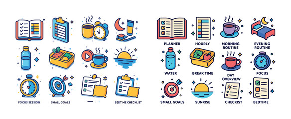 Daily routine icons: planner, schedule, and relaxation illustrat