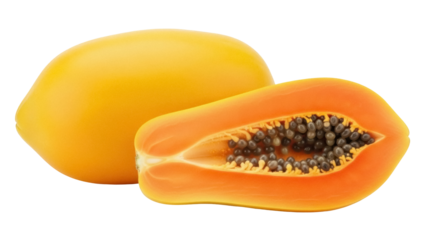 Isolated ripe and cut papaya with black seeds, tropical fruit ready to eat and enjoy