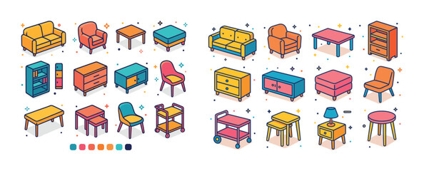 Obraz premium Colorful cartoon furniture set with tables, chairs, sofas, and b