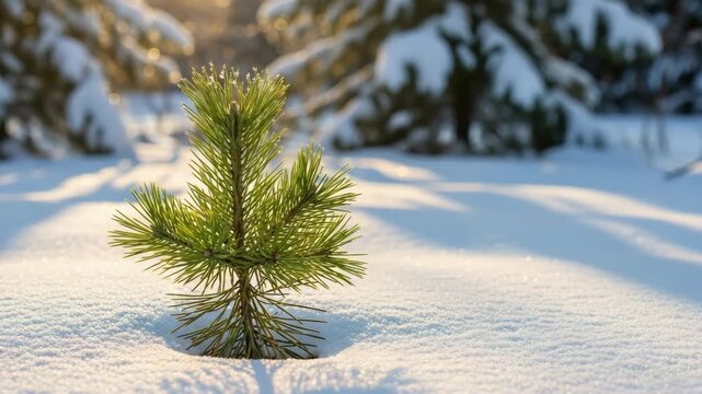 Young pine tree growing through fresh snow in a winter forest during a beautiful sunrise. A small evergreen sapling symbolizes resilience, hope, and new beginnings