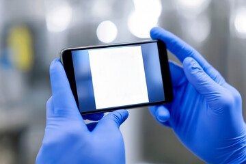 Closeup of hands in blue medical gloves holding smartphone and taking photo of document in sterile laboratory environment