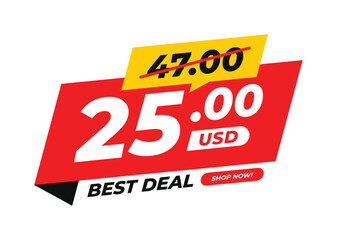Price before and after modern sale banner with big discount price tag, crossed old price, and shop now. For icon, logo, sign, symbol, tag, stamp, button. Vector illustration