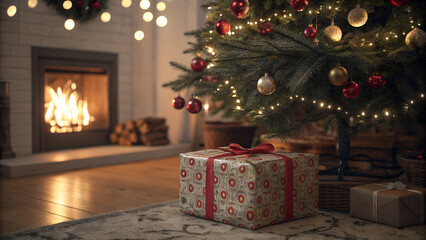 Gift Under Christmas Tree With Ornament In Interior With Fireplace And Abstract Defocused Lights