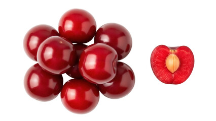 Isolated cherries, cut half showing seed, group of dark red fruits, perfect ingredient