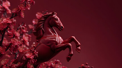 Red horse figurine rearing amidst blooming cherry blossoms background symbol of the year 