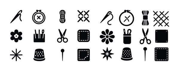 Sewing icons collection: needle, thimble, scissors, thread, embr