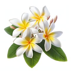 Fototapeta premium Close-up view of elegant plumeria blossoms with vibrant green leaves on a white backdrop