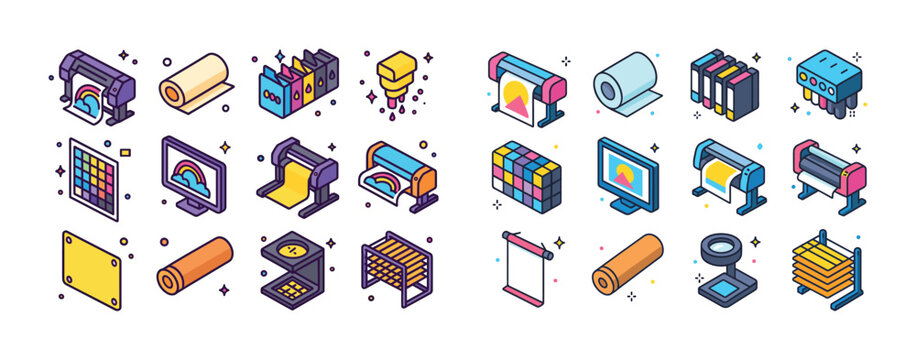 Isometric printing equipment icons: plotters, inks, rollers, mon