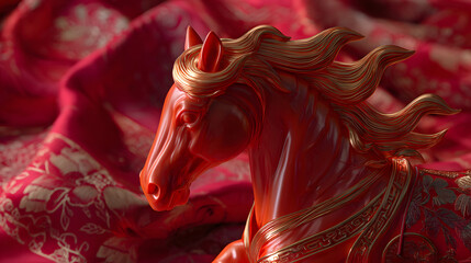 Red decorative horse figurine on patterned silk fabric background  