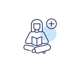 Woman reading book and plus. Reading habit, knowledge gain. Pixel perfect, editable stroke vector icon