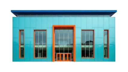 Isolated teal and orange modern building, low-rise structure with reflective windows