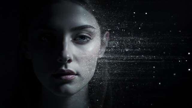 Womans Face Dissolving into Digital Particles