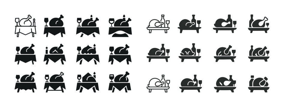 Dining icon set: tables with roasted turkey, wine, plates, cutle