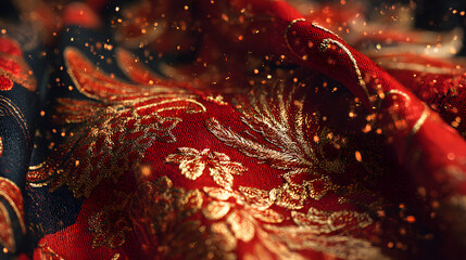 Richly embroidered red fabric with intricate golden details and sparkles  