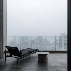 A minimalist balcony features a sleek black lounge chair overlooking a misty