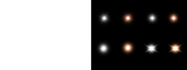 Set of eight lens flare and starburst effects on black and transparent backgrounds