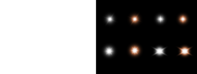Set of eight lens flare and starburst effects on black and transparent backgrounds