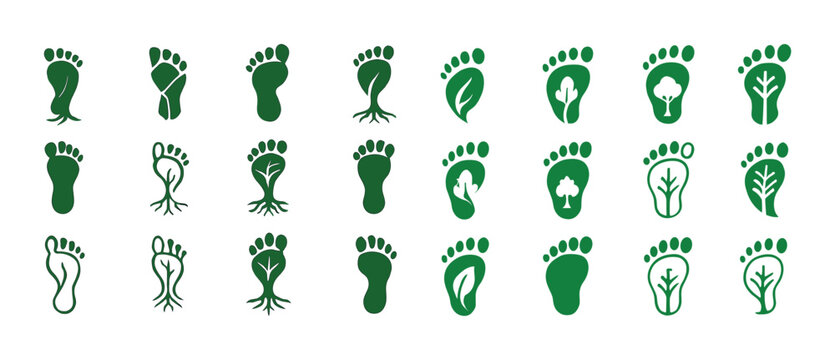Green footprints with eco symbolism: trees, leaves, roots in sus