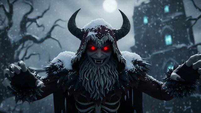 Menacing krampus demon with glowing red eyes and horns in a spooky winter landscape. A dark folklore monster for a scary christmas or halloween celebration under a full moon