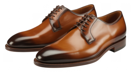 Brown leather dress shoes isolated on a transparent background laces
