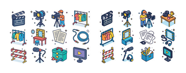 Isometric film production set with cameras, lighting, wardrobe,
