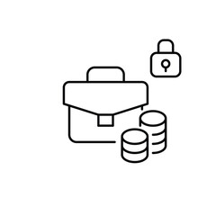 Briefcase, lock and stack of coins. Safe investment, protected capital. Pixel perfect, editable stroke vector icon