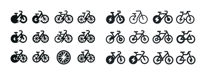 Naklejka premium Set of black bicycle icons featuring electric and classic design