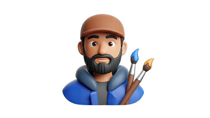 Cartoon Artist Holding Paintbrushes on White Background