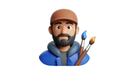 Cartoon Artist Holding Paintbrushes on White Background