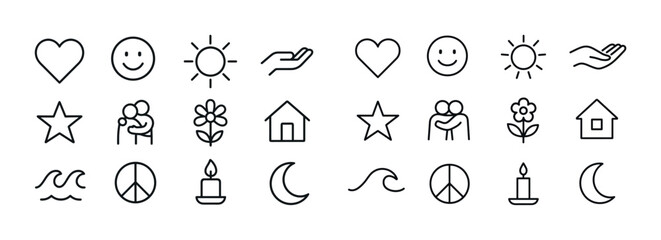 Fototapeta premium Collection of simple line icons: heart, smile, sun, hand, star,