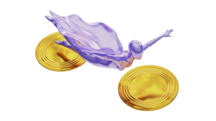 Isolated figure in dynamic pose with purple cloth flying between two golden discs, 3D art