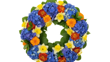 Isolated wreath of mixed spring flowers, arrangement with hydrangeas, daffodils, marigolds