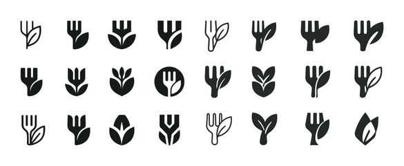 Collection of black fork and leaf icons representing eco-friendl