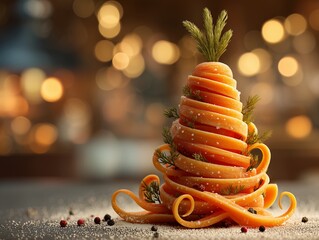 Creative Christmas tree made of fresh spiralized carrot ribbons decorated with dill and spices for healthy vegan holiday food concept
