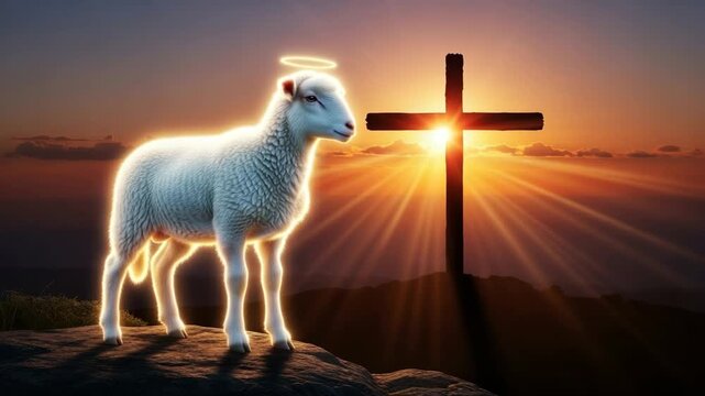 The lamb of god with a glowing halo stands before the cross at sunrise. A religious sequence showing the sacrifice of jesus christ for easter and christian faith concepts