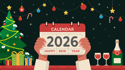 vector illustration of Festive 2026 New Year Celebration Scene With Calendar, Gifts, Tree, and Champagne.