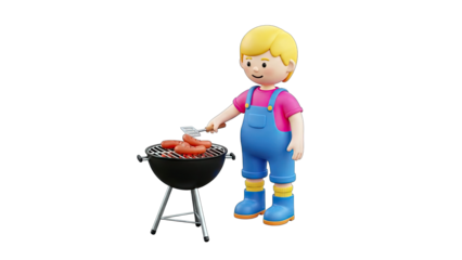 Cartoon Boy Grilling Sausages on BBQ